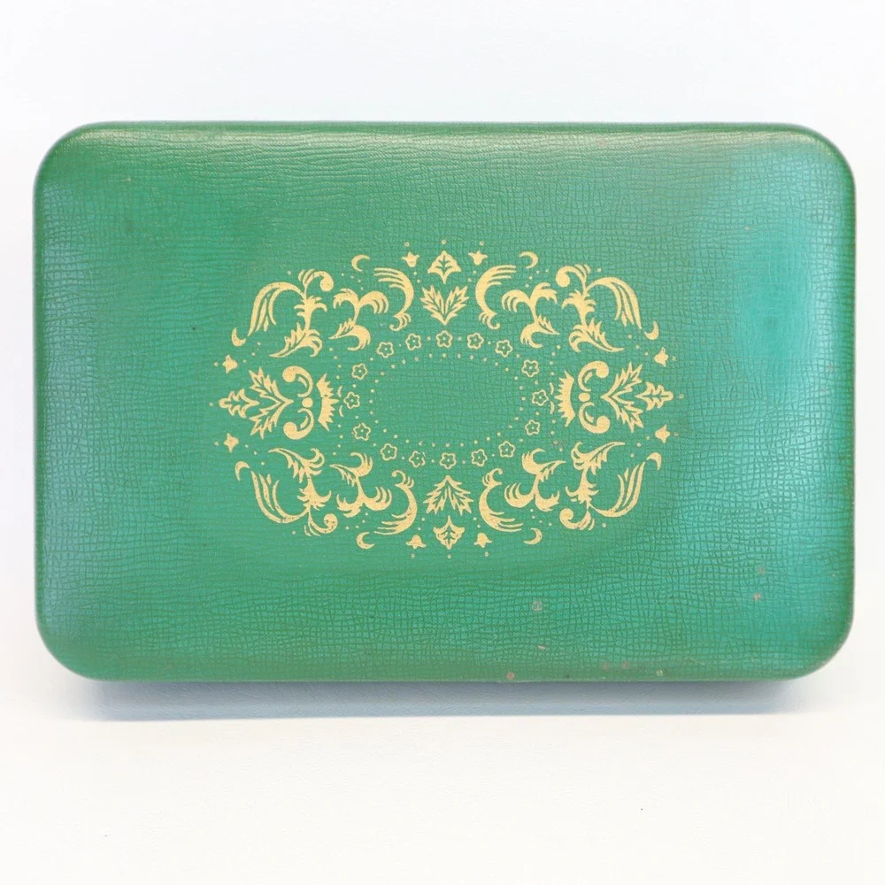 Farrington Vintage Jewelry Box Green Texol Gold Filigree Mid Century Trinket